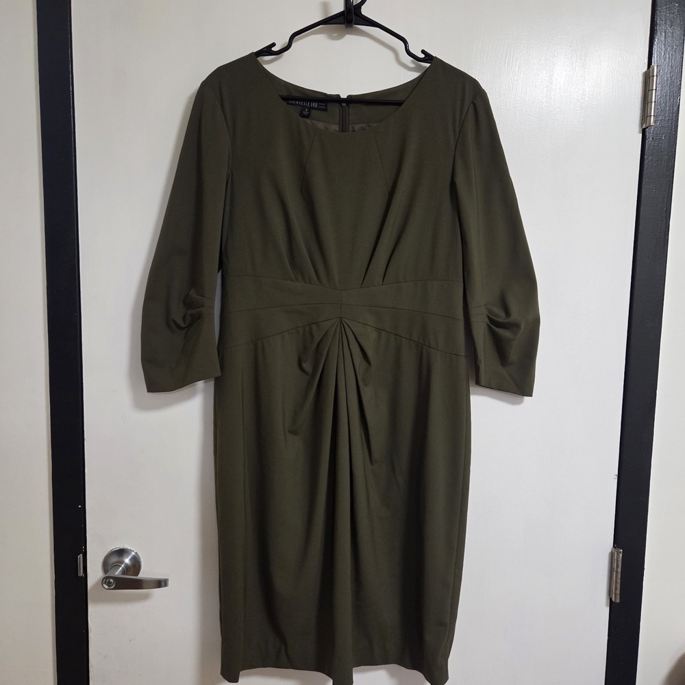 Lafayette 148 Olive Green Sheath Dress Ruched Waist Career Women Size 8
